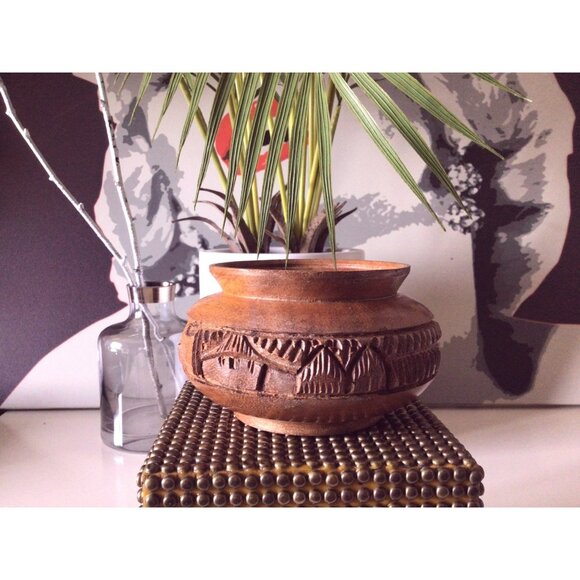 Vintage Hand-Carved Wooden Bowl With Ornate Tribal Patterns 4.5" x 3" - Picture 1 of 9